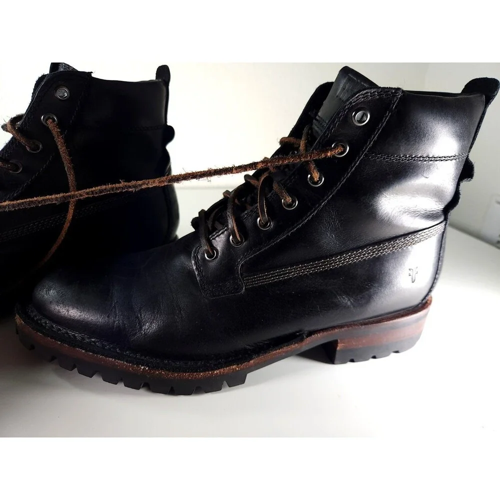 FRYE Union Men's Size 10 Black Leather Lace Up Combat Lug Sole Boots 3480383